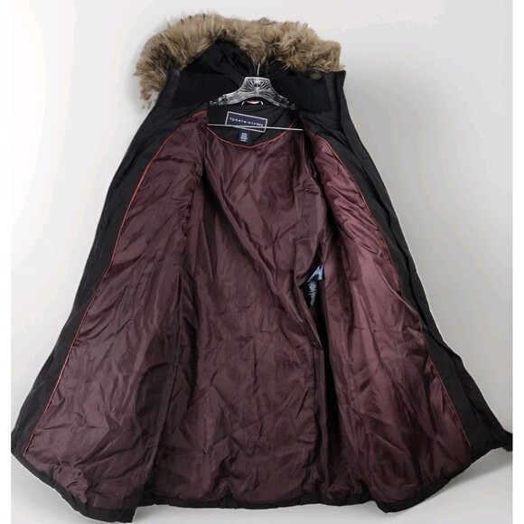 Tommy Hilfiger Women’s Long Puffer Coat Jacket Black Faux Fur Hood Size L - Picture 5 of 12